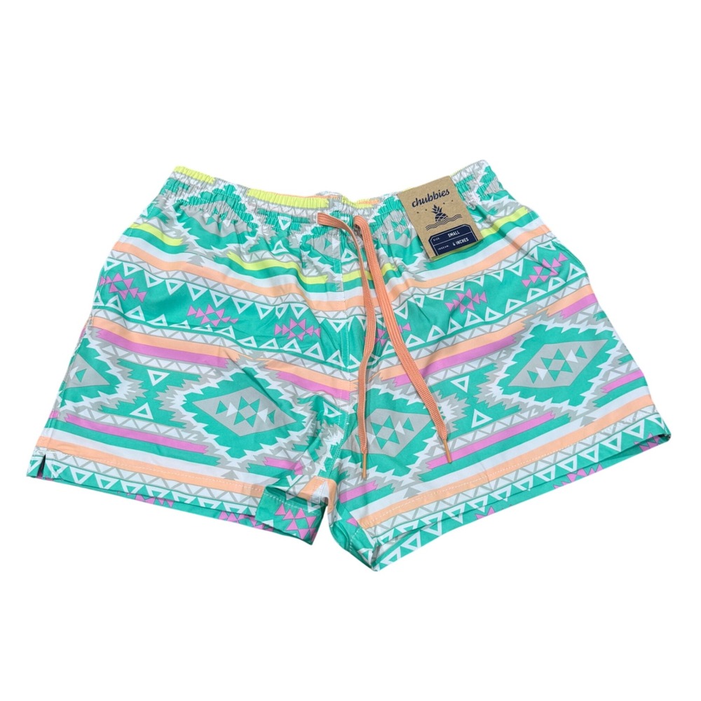 Chubbies Mens The En Fuegos 4" Classic Swim Trunk Teal Geometric Small S NWT
